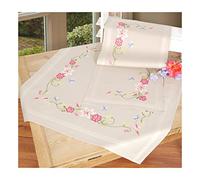 Vervaco Kit Point De Croix Pré-Imprimé Nappe FLEURS ROSES AVEC PAPILLONS Broderie Kit Complet Adulte Loisir Créatif Maison Decoration Manuelle Table Cadeou DIY ca. 80 x 80 cm Cross Stitch Embroidery