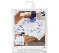 Vervaco Kit Point De Croix Pré-Imprimé Nappe PAPILLONS BLEUS Broderie Kit Complet Adulte Loisir Créatif Maison Decoration Manuelle Table Cadeou DIY ca. 80 x 80 cm Cross Stitch Embroidery