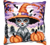 VERVACO Point De Croix Kit Coussin Complet Set CHATON D'HALLOWEEN Decoration Manuelle Broderie Kit Adulte Art Creatif Cadeau DIY ca. 40 x 40 cmCross Stitch Embroidery