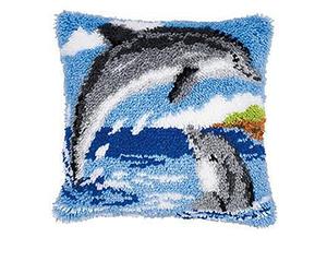 Vervaco Kit Point Noué Á Faire Coussin Broderie Debutant DIY 2 DAUPHINS Latch Hook Kit Complet Decoration Maison Manuelle Loisir Créatif ca. 40 x 40 cm Embroidery