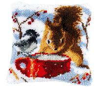 VERVACO Kit Point Noué Á Faire Coussin Broderie Debutant DIY ECUREUIL ET MÉSANGE Latch Hook Kit Complet Decoration Maison Manuelle Loisir Créatif ca. 40 x 40 cm Embroidery