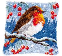 Vervaco Kit Point Noué Á Faire Coussin Broderie Debutant DIY ROUGE-GORGE EN HIVER Latch Hook Kit Complet Decoration Maison Manuelle Loisir Créatif ca. 40 x 40 cm Embroidery