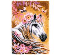 VERVACO Kit Tapis Point Noué Á Faire CHEVAL AVEC DES FLEURS Broderie Debutant DIY Latch Hook Kit Complet Decoration Maison Manuelle Loisir Créatif ca. 55 x 80 cm Embroidery