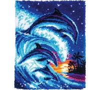Vervaco Kit Tapis Point Noué Á Faire DAUPHINS DÉCOR TROPICAL Broderie Debutant DIY Latch Hook Kit Complet Decoration Maison Manuelle Loisir Créatif ca. 55 x 70 cm Embroidery