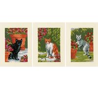 Vervaco Point De Croix Compté Kit Carte De Voeux Complet Set (lot de 3) LES CHATS ENTRE FLEURS De Broderie Loisir Créatif Maison Decoration Cadeau DIY ca. 10,5 x 15 cm Cross Stitch Embroidery