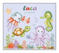 VERVACO Point De Croix Compté Kit DIY Cadeau Bebe Naissance Personnalisé ANIMAUX MARINS Tableau Complet Kit De Broderie Loisir Créatif Maison Décoration ca. 32 x 28 cm Cross Stitch