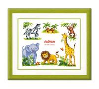 Vervaco Point De Croix Compté Kit DIY Cadeau Bebe Naissance Personnalisé ANIMAUX SAFARI Tableau Complet Kit De Broderie Loisir Créatif Maison Décoration ca. 27 x 23 cm Cross Stitch