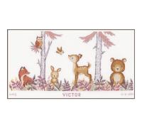 Vervaco Point De Croix Compté Kit DIY Cadeau Bebe Naissance Personnalisé DANS LA FORÊT Tableau Complet Kit De Broderie Loisir Créatif Maison Décoration ca. 53 x 29 cm Cross Stitch