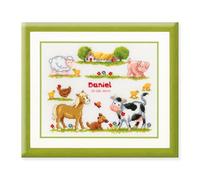 Vervaco Point De Croix Compté Kit DIY Cadeau Bebe Naissance Personnalisé DES ANIMAUX DE FERME Tableau Complet Kit De Broderie Loisir Créatif Maison Décoration ca. 27 x 23 cm Cross Stitch