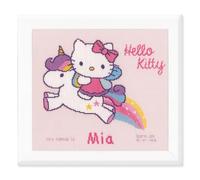 Vervaco Point De Croix Compté Kit DIY Cadeau Bebe Naissance Personnalisé HELLO KITTY ET LICORNE Tableau Complet Kit De Broderie Loisir Créatif Maison Décoration ca. 28 x 25 cm Cross Stitch
