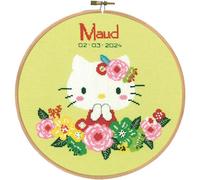 Vervaco Point De Croix Compté Kit DIY Cadeau Bebe Naissance Personnalisé HELLO KITTY FLEURS VERTES Tableau Complet Kit De Broderie Loisir Créatif Maison Décoration ca. 20 x 20 cm Cross Stitch