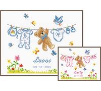 VERVACO Point De Croix Compté DIY Cadeau Bebe Personnalisé Ours DE Naissance Tableau Complet Kit De Broderie Loisir Créatif Maison Décoration ca. 22 x 20 cm Cross Stitch, Cotton, Multicolore