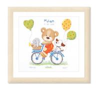 Vervaco Point De Croix Compté Kit DIY Cadeau Bebe Naissance Personnalisé OURS EN VÉLO Tableau Complet Kit De Broderie Loisir Créatif Maison Décoration ca. 27 x 29 cm Cross Stitch