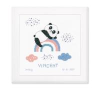 VERVACO Point De Croix Compté Kit DIY Cadeau Bebe Naissance Personnalisé PANDA + ARC-EN-CIEL Tableau Complet Kit De Broderie Loisir Créatif Maison Décoration ca. 23 x 24 cm Cross Stitch