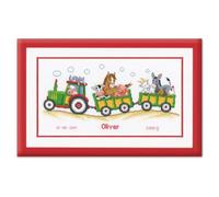 Vervaco Point De Croix Compté Kit DIY Cadeau Bebe Naissance Personnalisé TRACTEUR AVEC DES ANIMAUX Tableau Complet Kit De Broderie Loisir Créatif Maison Décoration ca. 36 x 19 cm Cross Stitch