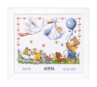 Vervaco Point De Croix Compté Kit DIY Cadeau Bebe Naissance Personnalisé UNE CIGOGNE PORTE UN BÉBÉ Tableau Complet Kit De Broderie Loisir Créatif Maison Décoration ca. 28 x 24 cm Cross Stitch
