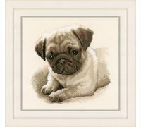 Vervaco Point De Croix Compté Kit Tableau Complet Set Chien Carlin De Broderie Loisir Créatif Maison Decoration Cadeau DIY ca. 21 x 21 cm Counted Cross Stitch Embroidery, Cotton, Blanc