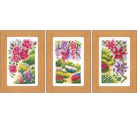 Vervaco Point De Croix Compté Kit Tableau Complet Set (lot de 3) DANS MON JARDIN De Broderie Loisir Créatif Maison Decoration Cadeau DIY ca. 8 x 12 cm Counted Cross Stitch Embroidery