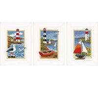 Vervaco Point De Croix Compté Kit Tableau Complet Set (Lot de 3) Phare De Broderie Loisir Créatif Maison Decoration Cadeau DIY ca. 8 x 12 cm Counted Cross Stitch Embroidery, Fabric, Blanc