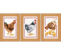 Vervaco Point De Croix Compté Kit Tableau Complet Set (lot de 3) POULES De Broderie Loisir Créatif Maison Decoration Cadeau DIY ca. 8 x 12 cm Counted Cross Stitch Embroidery