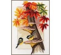 VERVACO Point De Croix Compté Kit Tableau Complet Set MÉSANGES en Automne De Broderie Loisir Créatif Maison Decoration Cadeau DIY ca. 26 x 37 cm Counted Cross Stitch Embroidery, Cotton, Multicolore