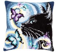 VERVACO Point De Croix Coussin Complet Set Chat avec Papillons Decoration Manuelle Broderie Kit Adulte Art Creatif Cadeau DIY Cross Stitch Embroidery ca. 40 x 40 cm, Coton, Multicolore