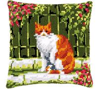 VERVACO Point De Croix Kit Coussin Complet Set CHAT ENTRE FLEURS Decoration Manuelle Broderie Kit Adulte Art Creatif Cadeau DIY Cross Stitch Embroidery ca. 40 x 40 cm