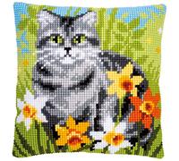 VERVACO Point De Croix Kit Coussin Complet Set CHAT ENTRE FLEURS Decoration Manuelle Broderie Kit Adulte Art Creatif Cadeau DIY Cross Stitch Embroidery ca. 40 x 40 cm