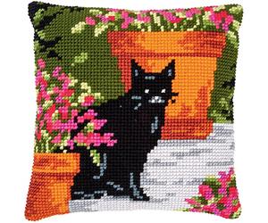 VERVACO Point De Croix Kit Coussin Complet Set CHAT ENTRE FLEURS Decoration Manuelle Broderie Kit Adulte Art Creatif Cadeau DIY Cross Stitch Embroidery ca. 40 x 40 cm