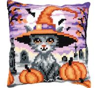 VERVACO Point De Croix Kit Coussin Complet Set CHATON D'HALLOWEEN Decoration Manuelle Broderie Kit Adulte Art Creatif Cadeau DIY ca. 40 x 40 cmCross Stitch Embroidery