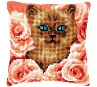 VERVACO Point De Croix Kit Coussin Complet Set CHATON ENTRE ROSES Decoration Manuelle Broderie Kit Adulte Art Creatif Cadeau DIY Cross Stitch Embroidery ca. 40 x 40 cm