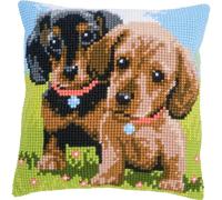 Vervaco Point De Croix Kit Coussin Complet Set CHIENS Decoration Manuelle Broderie Kit Adulte Art Creatif Cadeau DIY Cross Stitch Embroidery ca. 40 x 40 cm
