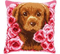 VERVACO Point De Croix Kit Coussin Complet Set CHIOT ENTRE ROSES Decoration Manuelle Broderie Kit Adulte Art Creatif Cadeau DIY Cross Stitch Embroidery ca. 40 x 40 cm