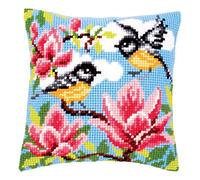 Vervaco Cross Stitch Cushion Kit House Decorating CHICKADEES & MAGNOLIA DIY Art & Craft Embroidery Tapestry Kit Creative Activities Art Project For Adults ca.40x40 cm Gift Set