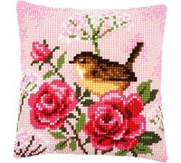 Vervaco – Kit de point de croix adulte Coussin Oiseau et Roses – Complet, 40 x 40 cm