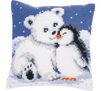 Vervaco Point De Croix Kit Coussin Complet Set OURS BLANC & PINGOUIN Decoration Manuelle Broderie Kit Adulte Art Creatif Cadeau DIY Cross Stitch Embroidery ca. 40 x 40 cm