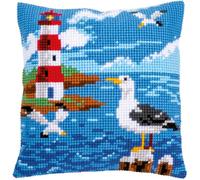 VERVACO Point De Croix Kit Coussin Complet Set PHARE ET MOUETTES Decoration Manuelle Broderie Kit Adulte Art Creatif Cadeau DIY Cross Stitch Embroidery ca. 40 x 40 cm