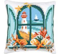 Vervaco Point De Croix Kit Coussin Complet Set VUE SUR LA MER Decoration Manuelle Broderie Kit Adulte Art Creatif Cadeau DIY 40 x 40 cm Cross Stitch Embroidery
