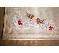 VERVACO Point De Croix Pré-Imprimé Chemin Rouge-Gorges en Hiver Broderie Kit Complet Adulte Loisir Créatif Maison Decoration Manuelle Table Cadeou DIY ca. 40 x 100 cm Nappe, Coton, Multicolore