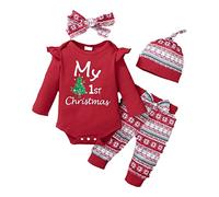 Verve Jelly Bébé filles mes 1ers tenues de Noël barboteuses de Noël à manches longues lettre imprimé body flocon de neige pantalon avec chapeau bandeau 4 pièces ensemble