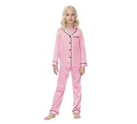 Verve Jelly Enfant en bas âge bébé fille Satin 2 pièces chemises boutonnées à manches longues hauts et pantalons longs vêtements de détente décontractés vêtements mignons rose 120 5-6 ans