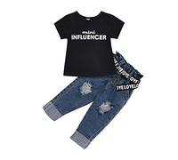 Verve Jelly Enfant en bas âge bébé filles jeans ensemble de vêtements chemises à manches courtes haut jeans déchirés pantalons 2 pièces mode été automne tenues, noir, 110, 3-4 ans