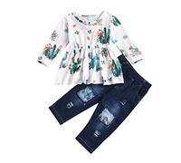 Verve Jelly Enfant en bas âge Enfants Filles Jeans Tenues Imprimé Cactus Robe À Manches Longues Haut + Pantalon En Denim Déchiré 2 Pcs Automne Hiver Vêtements,100,3-4 ans,Cactus
