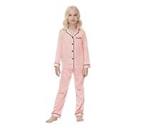 Verve Jelly Ensemble Pyjama Fille Manches Longues Chemise Boutonnée Hauts avec Poche + Pantalon Long Automne Pjs 2 Pièces Vêtements de Nuit Chemise de Nuit Boutonnée Nuisette Champagne 150 11-12 Ans