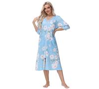 Verve Jelly Peignoir à manches 3/4 avec fermeture éclair pour femme - Imprimé floral - Léger - Avec poches, bleu clair, XL