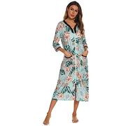 Verve Jelly Peignoir à manches 3/4 avec fermeture éclair pour femme - Imprimé floral - Léger - Avec poches, Vert, XL