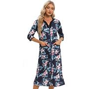 Verve Jelly Peignoir à manches 3/4 avec fermeture éclair pour femme - Imprimé floral - Léger - Avec poches, Bleu marine 2., L