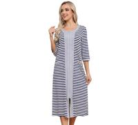 Verve Jelly Peignoir à Manches Courtes pour Femme avec Fermeture éclair sur Le Devant, Chemise de Nuit Longue avec Poches, Rayures, Bleu Marine, XL