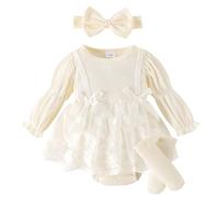 Verve Jelly Robe barboteuse en dentelle pour nouveau-né fille, manches longues, volants, broderie florale, tutu en tulle, vêtements pour petites filles avec bandeau, beige, 0-3 mois