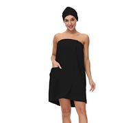 Verve Jelly Serviette de bain pour femme pour spa, douche, peignoir réglable sans bretelles en microfibre douce avec turban à cheveux, Noir , L